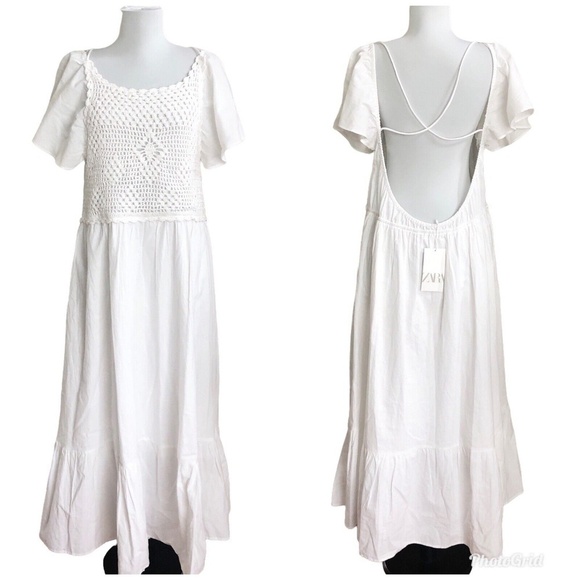 ZARA linen blend crochet Dress Maxi L Cottagecore Open Back coastal Beachy new - Picture 2 of 12